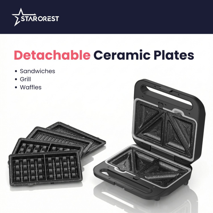 STARCREST XL 3-in-1 Sandwich Maker SSM-3110XL, 1000 W, 3 Types Of Detachable Plates With Ceramic Coating: Grill / Triangular Sandwich / Waffles, Plate Size 23 × 13 cm, Black/Stainless Steel [3]