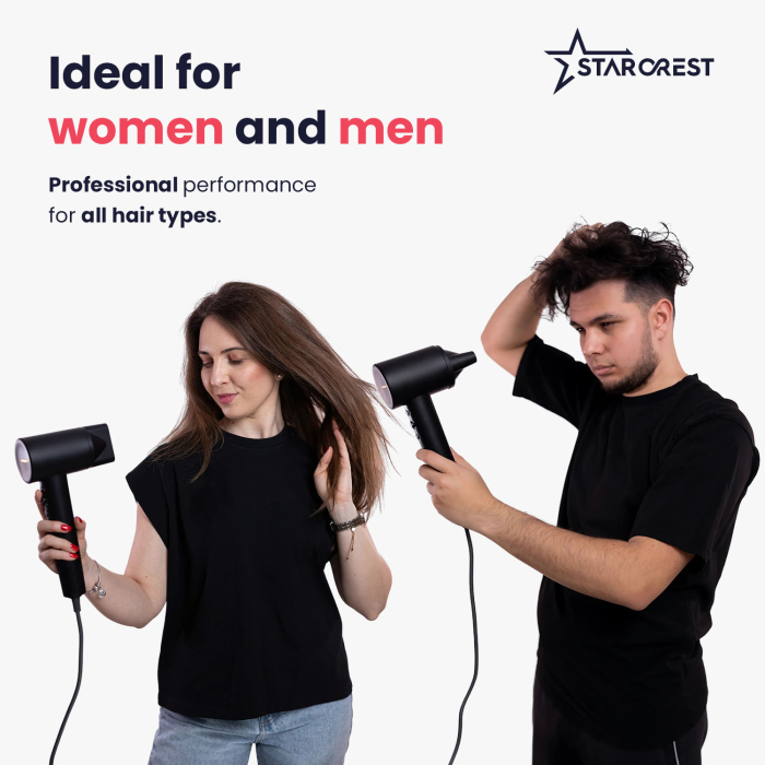 STARCREST Hair Dryer SHD-2BK, 1600 W, 110,000 RPM, Ionic Technology, 3 Heat Settings, 2 Speed Settings, Cool Air Button, Black [5]