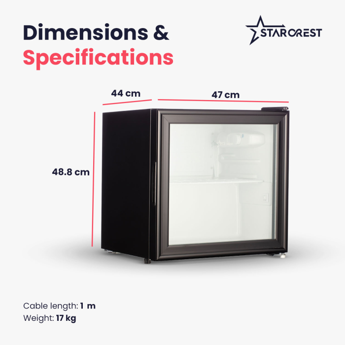 STARCREST Refrigerated Display Case SBC-50BKE, 46 L, Temperature Control, Glass Door, Height 48.8 cm, Black [8]
