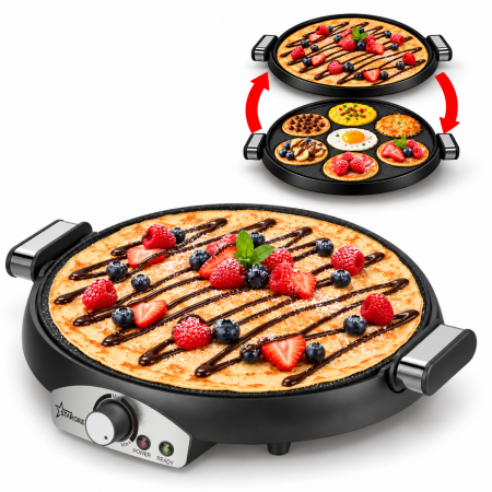 Crepe Makers - 2-in-1 Crepe and Pancake Maker STARCREST SCM-3816, 1600 W, 38 cm, Removable Ceramic-Coated Plate, Black