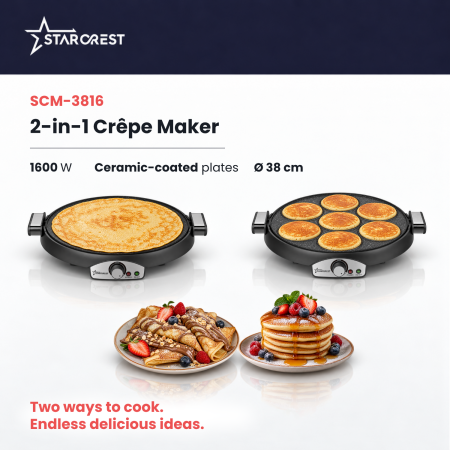 2-in-1 Crepe and Pancake Maker STARCREST SCM-3816, 1600 W, 38 cm, Removable Ceramic-Coated Plate, Black [1]