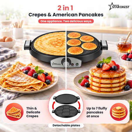 2-in-1 Crepe and Pancake Maker STARCREST SCM-3816, 1600 W, 38 cm, Removable Ceramic-Coated Plate, Black [2]