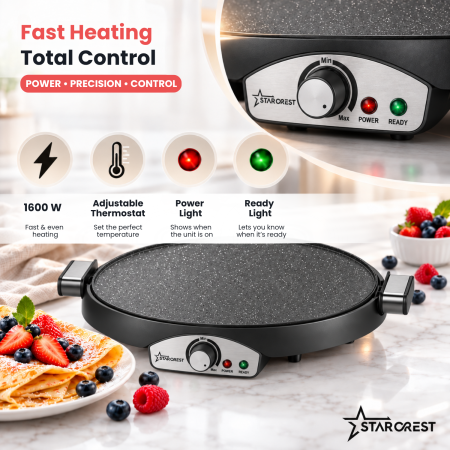 2-in-1 Crepe and Pancake Maker STARCREST SCM-3816, 1600 W, 38 cm, Removable Ceramic-Coated Plate, Black [5]