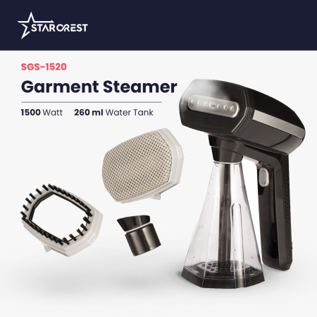 STARCREST Handheld Garment Steamer SGS-1520, 1500 W, 260 ml Removable Water Tank, 3 Accessories, Black [1]