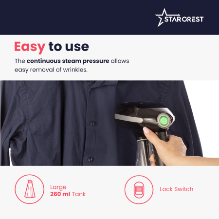 STARCREST Handheld Garment Steamer SGS-1520, 1500 W, 260 ml Removable Water Tank, 3 Accessories, Black [5]