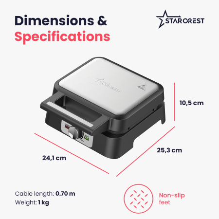 STARCREST Waffle Maker WM-2503BX, 1600W, Temperature Control Knob, Ceramic-Coated Plates, Black/Stainless Steel [5]