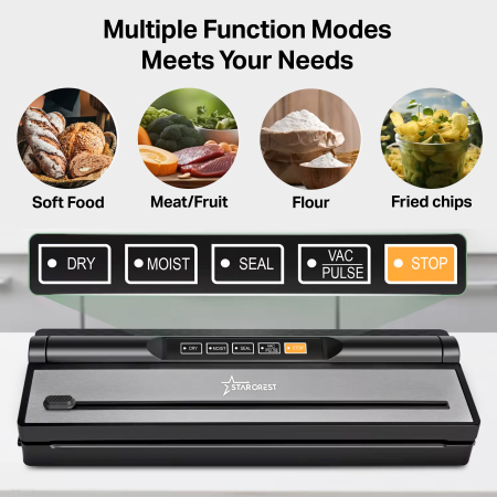 STARCREST Vacuum Sealer Machine VS-6016, 110W, Touch Control, 5 Functions, Vacuum Hose for Containers, Built-in Cutter, Black/Stainless Steel [3]