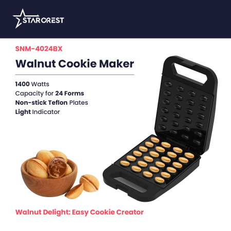 STARCREST Walnut Cookie Maker SNM-4024BX, 24 molds, 1400W, Indicator Light, Non-stick Plates, Black/Stainless Steel [2]