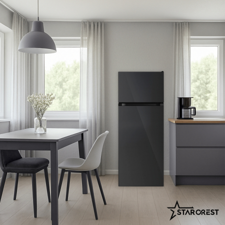 STARCREST 2-Door Refrigerator SF-208GLS-BK, 208 L, Class E, LED Lighting, Reversible Doors, H 140 cm, Black Glass [6]