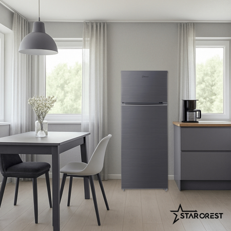 STARCREST 2-Door Refrigerator SF-210DX-E, 210 L, Class E, LED Lighting, Adjustable Thermostat, Reversible Doors, H 143 cm, Black Stainless Steel [6]