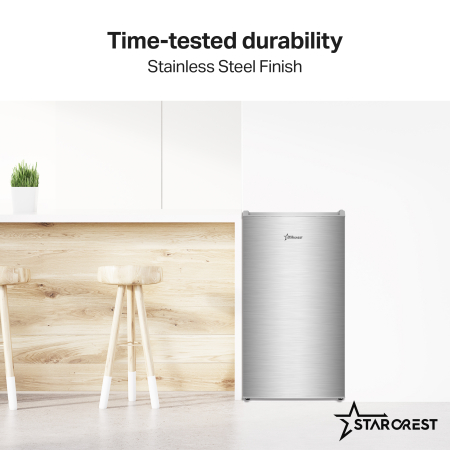 STARCREST Compact Single Door Refrigerator and Freezer SF-83IX-E, Class E, 83L capacity, interior lighting, ice compartment, height 85 cm, stainless steel. [6]