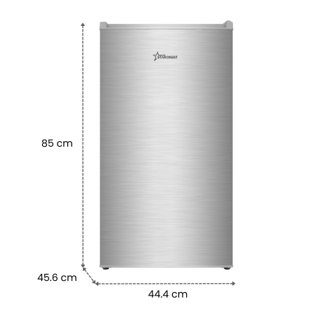 STARCREST Compact Single Door Refrigerator and Freezer SF-83IX-E, Class E, 83L capacity, interior lighting, ice compartment, height 85 cm, stainless steel. [9]