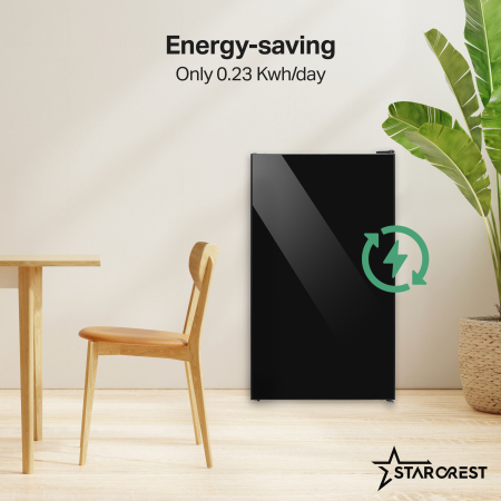 STARCREST Compact Single Door Refrigerator and Freezer SF-91GLS-BKE, Energy Class E, 91L Capacity, Interior Lighting, Height 83 cm, Black Glass [3]