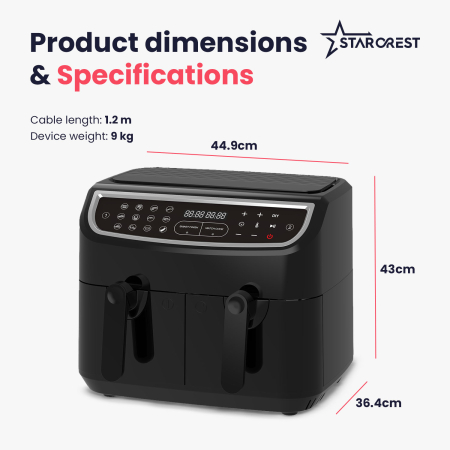 STARCREST Air Fryer SFR-9024BK, 2400 W, Double Basket, 9 Liters, Thermostat 80 - 200 °C, 12 Programs, Black [8]