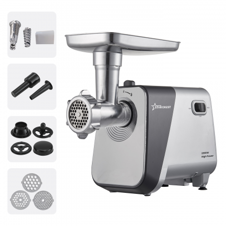 Kitchen Appliances - Masina de tocat STARCREST SMG-2250S, 2200 W, Accesoriu rosii si carnati, 3 site de taiere, Cutit inox, Gri