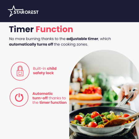 STARCREST Built-in hob SEH-30P2, Vitroceramic, 2 cooking zones, 9 power levels, 3200 W, Slider Touch control, Timer, Black Glass [3]