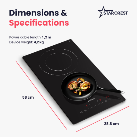 STARCREST Built-in hob SEH-30P2, Vitroceramic, 2 cooking zones, 9 power levels, 3200 W, Slider Touch control, Timer, Black Glass [7]