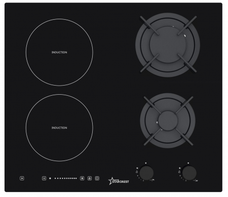 Built-in Hobs - STARCREST Built-in hob SIH-HM9066, Mixed, 2 Gas Zones & 2 Induction Zones, Electric Ignition, Black Glass 