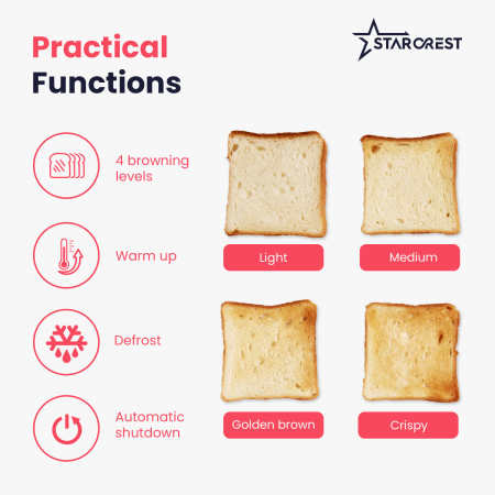 STARCREST Digital Toaster SDT-850BLK, 850 W, 2 Slices, LED Touch Display, 4 Functions, Stainless Steel, Black [4]