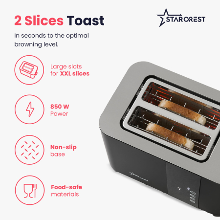 STARCREST Digital Toaster SDT-850BLK, 850 W, 2 Slices, LED Touch Display, 4 Functions, Stainless Steel, Black [2]