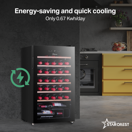 STARCREST Wine Cooler SWN-9301, 93 L, 34 Bottles, Digital Temperature Control, Wooden Shelves, Glass Door, H 84.5 cm, Black [3]