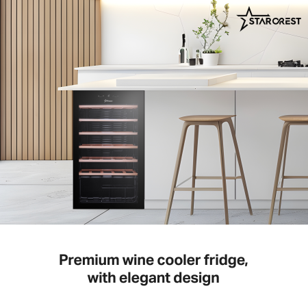 STARCREST Wine Cooler SWN-9301, 93 L, 34 Bottles, Digital Temperature Control, Wooden Shelves, Glass Door, H 84.5 cm, Black [5]