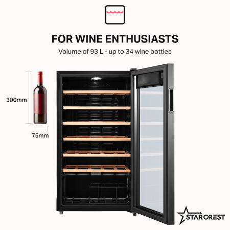 STARCREST Wine Cooler SWN-9301, 93 L, 34 Bottles, Digital Temperature Control, Wooden Shelves, Glass Door, H 84.5 cm, Black [1]