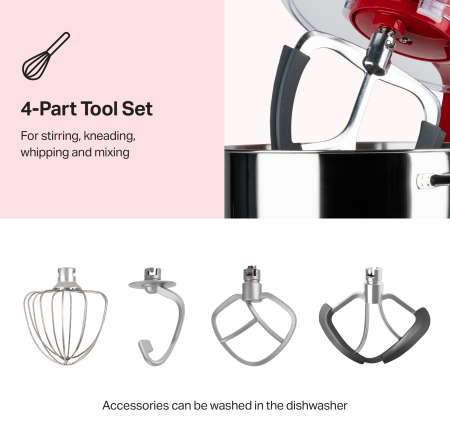STARCREST Professional Stand Mixer SKM-2002RD, 2000 W, 10 L Stainless Steel Bowl, 5 Accessories, 6 Speeds + Pulse, Metal Gears, Red [2]
