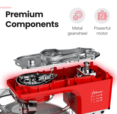 STARCREST Professional Stand Mixer SKM-2002RD, 2000 W, 10 L Stainless Steel Bowl, 5 Accessories, 6 Speeds + Pulse, Metal Gears, Red [4]