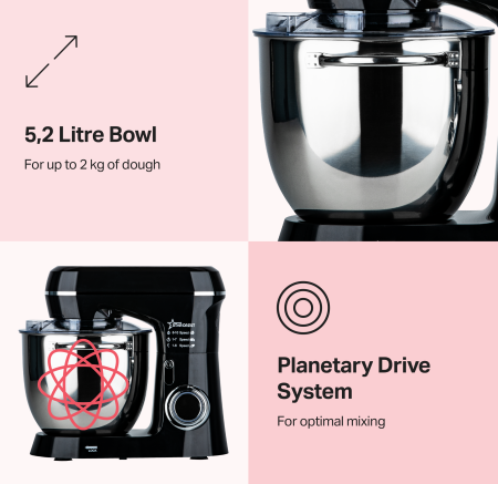 STARCREST Stand Mixer SKM-1300BK, 1300W, 5.2 L Stainless Steel Bowl, 4 Accessories, 10 Speeds + Pulse, Metal Gears, Black [1]