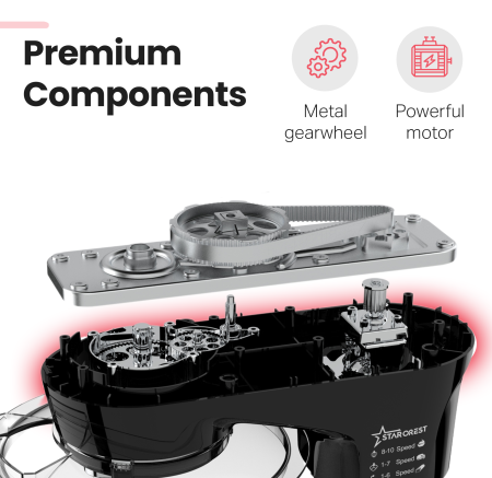 STARCREST Stand Mixer SKM-1300BK, 1300W, 5.2 L Stainless Steel Bowl, 4 Accessories, 10 Speeds + Pulse, Metal Gears, Black [4]