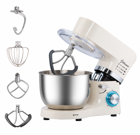 Small Domestic Appliances - STARCREST Stand Mixer SKM-1500CR, 1500W, 5.5 L Stainless Steel Bowl, 5 Accessories, 6 Speeds + Pulse, Metal Gears, Cream & Stainless Steel