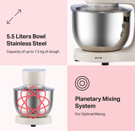 STARCREST Stand Mixer SKM-1500CR, 1500W, 5.5 L Stainless Steel Bowl, 5 Accessories, 6 Speeds + Pulse, Metal Gears, Cream & Stainless Steel [1]