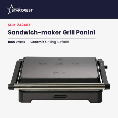 STARCREST Sandwich Maker Grill Panini SGR-2424BX, 1000 W, Ceramic Grill Plates, 180° Opening, Cooking Surface 23 x 14 cm, Black/Dark Stainless Steel [1]