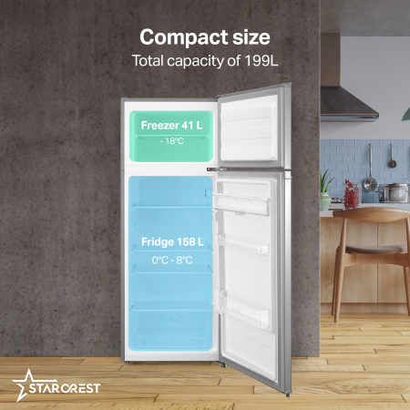 STARCREST 2-Door Refrigerator SF-204WD-SLE, 199 L, Class E, Water dispenser, LED lighting, Adjustable thermostat, Reversible doors, H 143 cm, Silver [2]