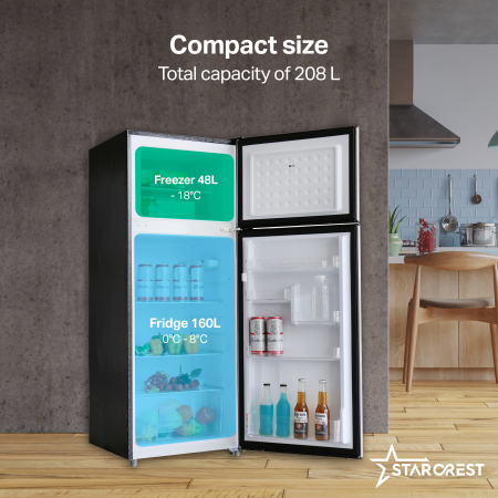 STARCREST 2-Door Refrigerator SF-208GLS-BK, 208 L, Class E, LED Lighting, Reversible Doors, H 140 cm, Black Glass [2]