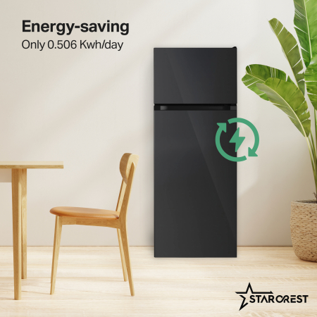 STARCREST 2-Door Refrigerator SF-208GLS-BK, 208 L, Class E, LED Lighting, Reversible Doors, H 140 cm, Black Glass [3]