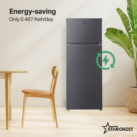 STARCREST 2-Door Refrigerator SF-210DX-E, 210 L, Class E, LED Lighting, Adjustable Thermostat, Reversible Doors, H 143 cm, Black Stainless Steel [3]