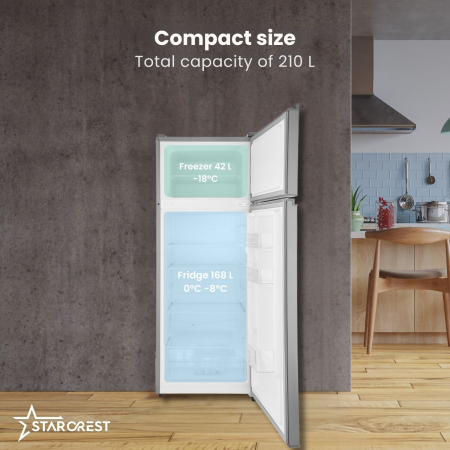 STARCREST 2-Door Refrigerator SF-210DX-E, 210 L, Class E, LED Lighting, Adjustable Thermostat, Reversible Doors, H 143 cm, Black Stainless Steel [2]