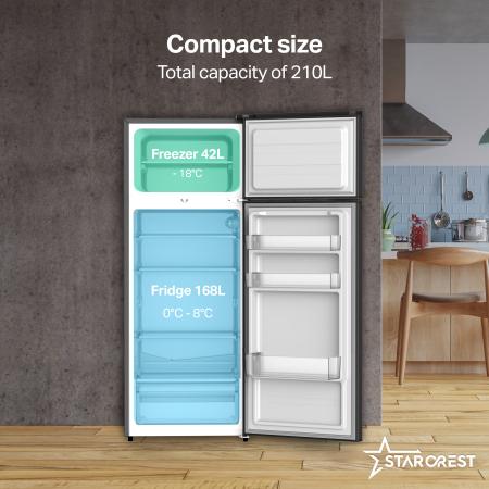 STARCREST 2-Door Refrigerator SF-210DX-E, 210 L, Class E, LED Lighting, Adjustable Thermostat, Reversible Doors, H 143 cm, Black Stainless Steel [2]