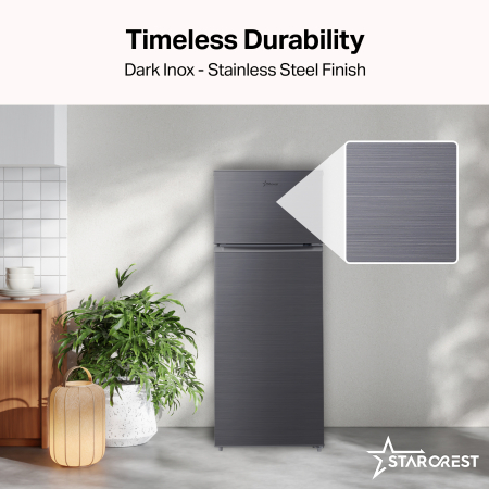 STARCREST 2-Door Refrigerator SF-210DX-E, 210 L, Class E, LED Lighting, Adjustable Thermostat, Reversible Doors, H 143 cm, Black Stainless Steel [4]