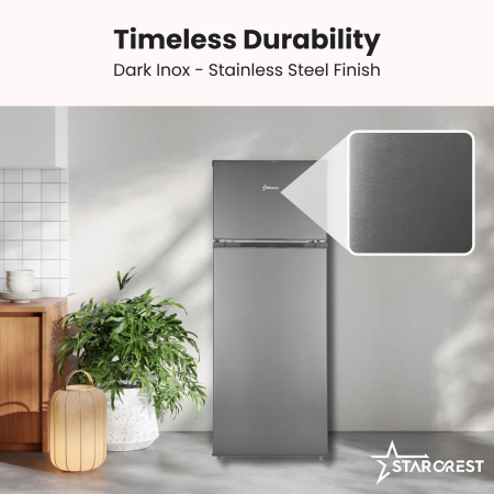 STARCREST 2-Door Refrigerator SF-210DX-E, 210 L, Class E, LED Lighting, Adjustable Thermostat, Reversible Doors, H 143 cm, Black Stainless Steel [4]