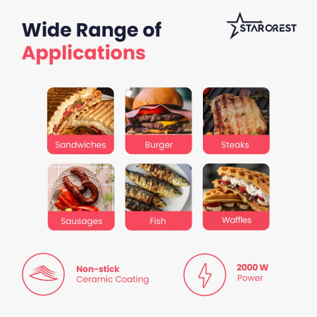 Starcrest 3-in-1 Electric Grill SGR-3023CD, 2000 W, 3 Types of Detachable Plates with Ceramic Coating, Digital Control, 7 Preset Cooking Modes, Cooking Surface 30 x 23 cm, Cleaning Spatula [4]