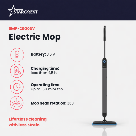 STARCREST AquaFlow SMP-2600SV Electric Mop, cordless, separate clean/dirty water tanks, up to 180 minutes runtime, flexible 360°/180° joint, suitable for parquet and tiles, 3.6 V, Grey [1]
