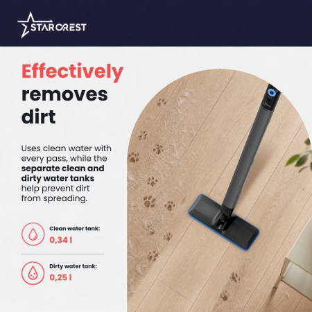 STARCREST AquaFlow SMP-2600SV Electric Mop, cordless, separate clean/dirty water tanks, up to 180 minutes runtime, flexible 360°/180° joint, suitable for parquet and tiles, 3.6 V, Grey [2]
