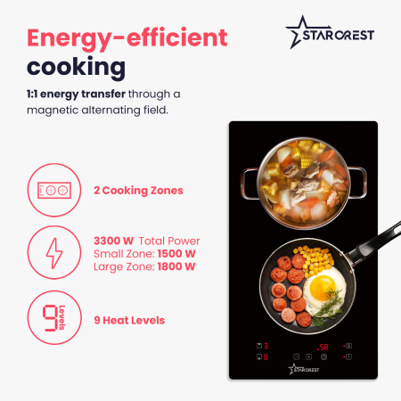 STARCREST built-in induction hob SIH-3030, 3300 W, 2 cooking zones, 9 power levels, touch control, timer, black glass [2]