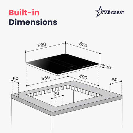 STARCREST built-in induction hob SIH-60P4-BR, 4 cooking zones, slider touch control, booster function, bridge function, timer, black glass [10]