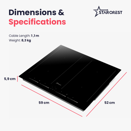 STARCREST built-in induction hob SIH-60P4-BR, 4 cooking zones, slider touch control, booster function, bridge function, timer, black glass [9]