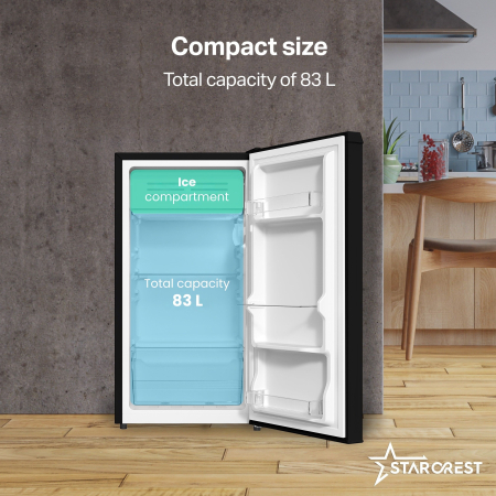 STARCREST Compact Single Door Refrigerator and Freezer SF-83BK-E, Class E, 83L Capacity, Interior Lighting, Ice Compartment, Height 85 cm, Black [2]