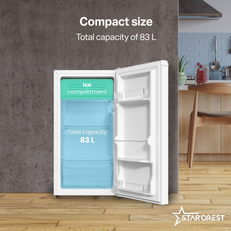STARCREST Compact Single Door Refrigerator and Freezer SF-83WHE, Class E, 83L capacity, interior lighting, ice compartment, height 85 cm, white [2]